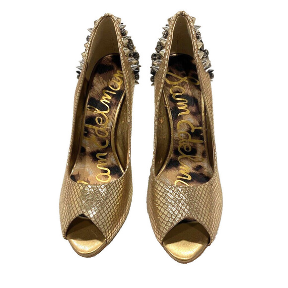 Sam Edelman - Lorrisa model, leather gold studded peep toe stiletto , 8 1/2 M - Picture 1 of 7